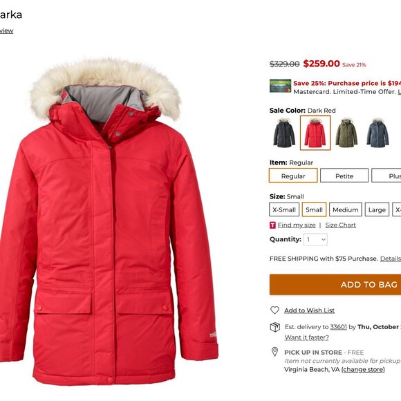 Perfect Condition L.L. Bean Women's Down Jacket Parka Coat Red Small